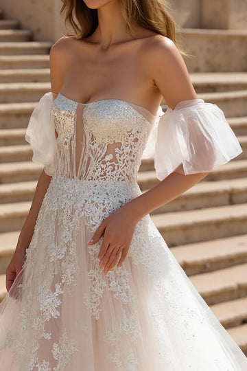 Off The Shoulder Court Train A-Line Wedding Dress With Appliques